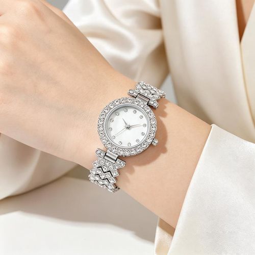 5 Pcs Women Jewelry Set  Rhinestone Wrist Watch + Bracelet  - Silver