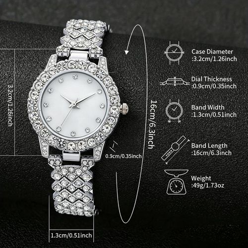 5 Pcs Women Jewelry Set  Rhinestone Wrist Watch + Bracelet  - Silver