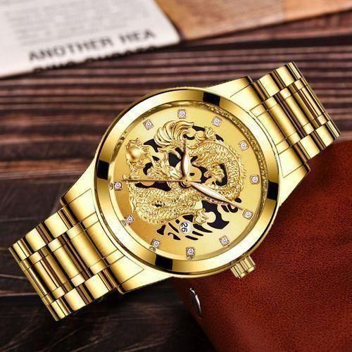 Luxury Men Embossed Golden Dragon Quartz Watch Business