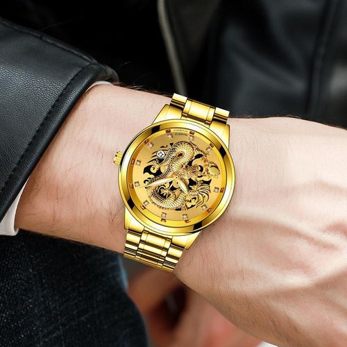 Luxury Men Embossed Golden Dragon Quartz Watch Business