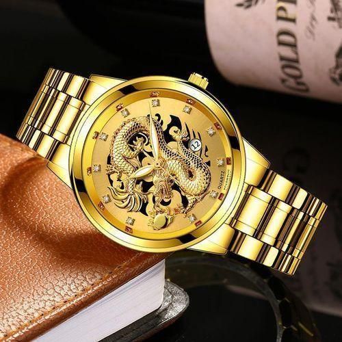 Luxury Men Embossed Golden Dragon Quartz Watch Business