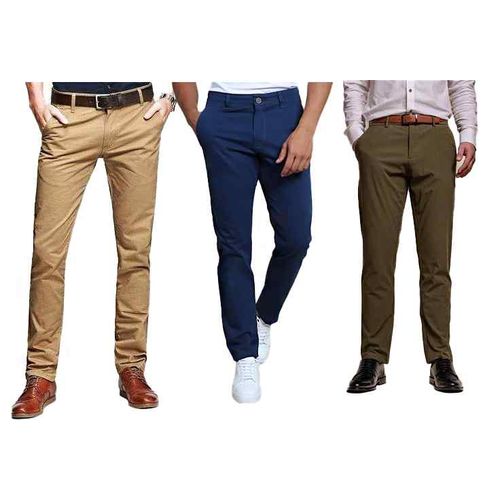 3  Pack Men's Straight Fit Casual Chino Pant With Stretch. - Navy Blue, Khaki & Brown Khaki