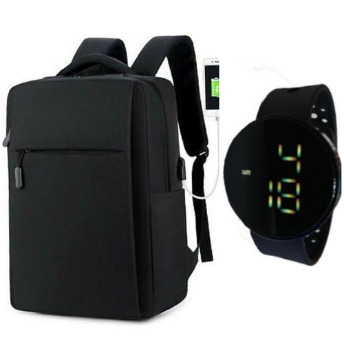 Anti-theft Designed Laptop Backpack With Free Watch- Black