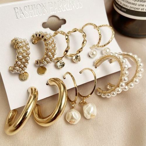 9 Pair Earring Jewelry Set For Women - Gold&Cream