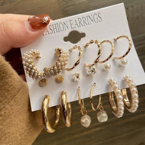 9 Pair Earring Jewelry Set For Women - Gold&Cream
