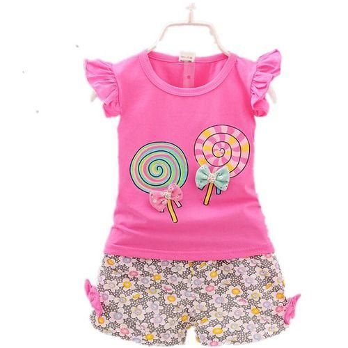 Girls Lollipop Flying Sleeve  Short Cotton Suit  Rose Red