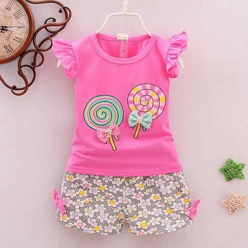 Girls Lollipop Flying Sleeve  Short Cotton Suit  Rose Red