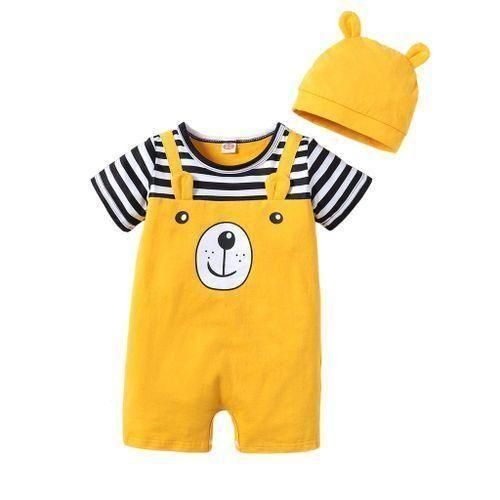 Catpapa Newborn Baby Romper Short Sleeves Cute Baby Bear Jumpsuit With Hat 2PCS