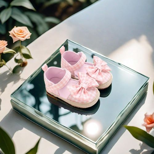 Autumn Baby Girl Princess Shoes Canvas Shoes Pink Checkered Bow Soft Bottom Anti slip Casual Sneakers