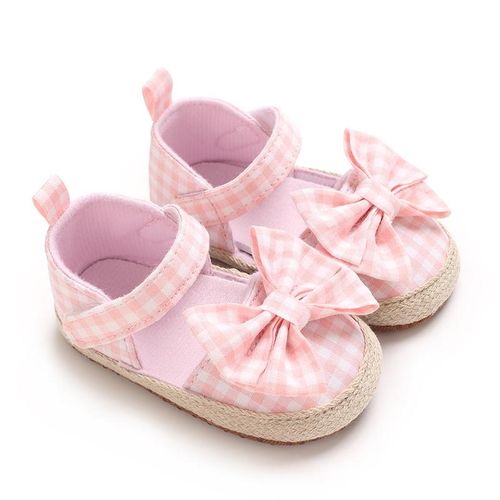 Autumn Baby Girl Princess Shoes Canvas Shoes Pink Checkered Bow Soft Bottom Anti slip Casual Sneakers