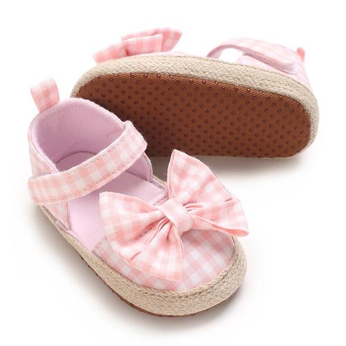 Autumn Baby Girl Princess Shoes Canvas Shoes Pink Checkered Bow Soft Bottom Anti slip Casual Sneakers