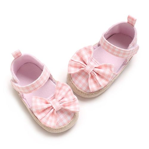 Autumn Baby Girl Princess Shoes Canvas Shoes Pink Checkered Bow Soft Bottom Anti slip Casual Sneakers
