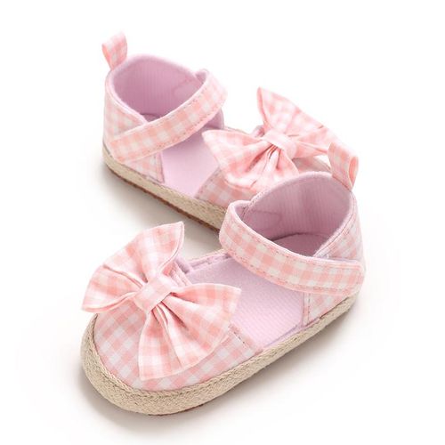 Autumn Baby Girl Princess Shoes Canvas Shoes Pink Checkered Bow Soft Bottom Anti slip Casual Sneakers