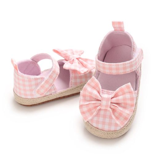Autumn Baby Girl Princess Shoes Canvas Shoes Pink Checkered Bow Soft Bottom Anti slip Casual Sneakers
