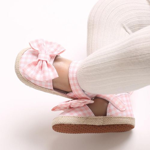 Autumn Baby Girl Princess Shoes Canvas Shoes Pink Checkered Bow Soft Bottom Anti slip Casual Sneakers