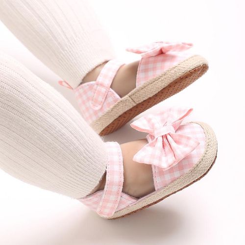 Autumn Baby Girl Princess Shoes Canvas Shoes Pink Checkered Bow Soft Bottom Anti slip Casual Sneakers