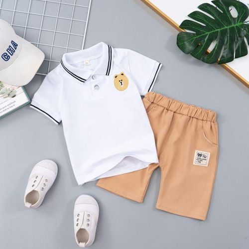 1set Polo Shirt Short-Sleeved Suit Children's Summer Handsome Bear Set 110cm White