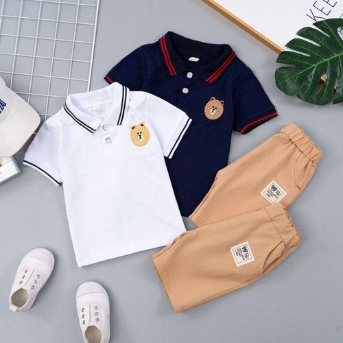 1set Polo Shirt Short-Sleeved Suit Children's Summer Handsome Bear Set 110cm White