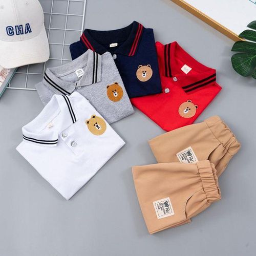1set Polo Shirt Short-Sleeved Suit Children's Summer Handsome Bear Set 110cm White