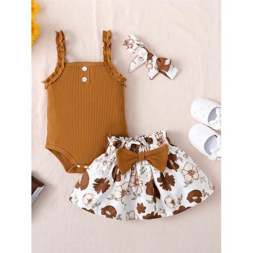 3-18months Baby Girl Sling Bodysuit Floral Skirt Headwear