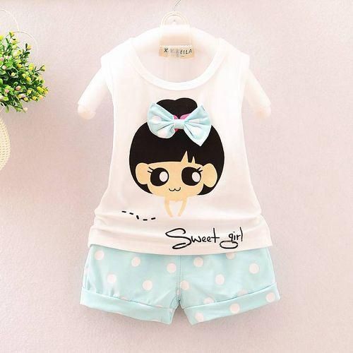 Girls Cartoon Print Vest   Short Pant Clothing Set  Blue