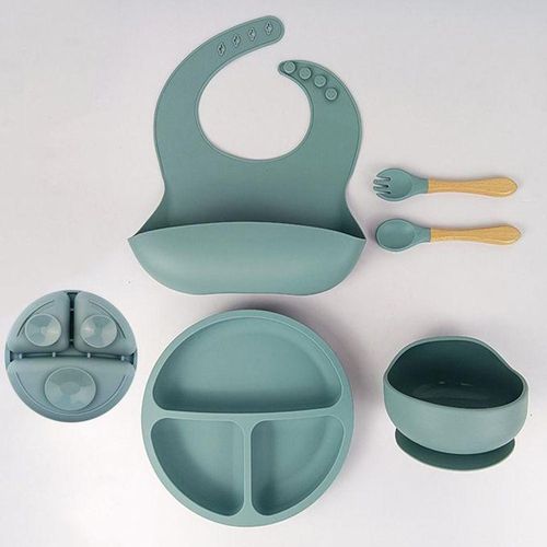 5pcs Silicone Baby Feeding Set with Suction Bowl Divided Plate Bib Spoon & Fork Baby Utensils Dishes Set NO5242