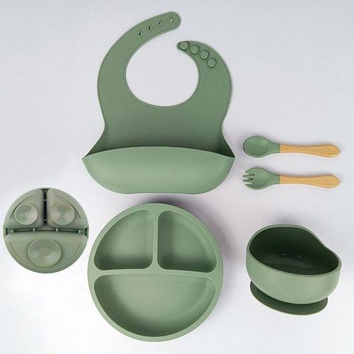 5pcs Silicone Baby Feeding Set with Suction Bowl Divided Plate Bib Spoon & Fork Baby Utensils Dishes Set NO5242