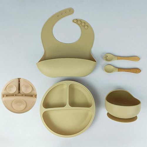 5pcs Silicone Baby Feeding Set with Suction Bowl Divided Plate Bib Spoon & Fork Baby Utensils Dishes Set NO5242