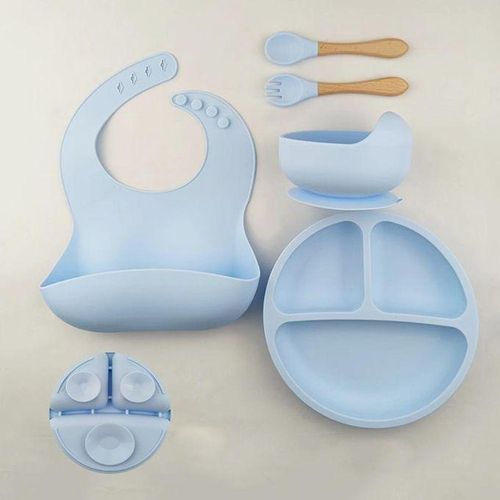 5pcs Silicone Baby Feeding Set with Suction Bowl Divided Plate Bib Spoon & Fork Baby Utensils Dishes Set NO5242
