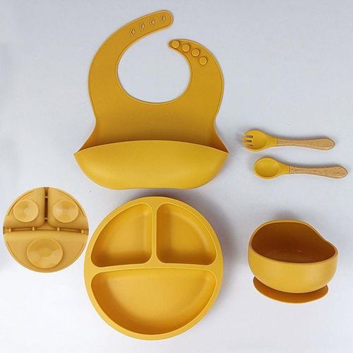 5pcs Silicone Baby Feeding Set with Suction Bowl Divided Plate Bib Spoon & Fork Baby Utensils Dishes Set NO5242
