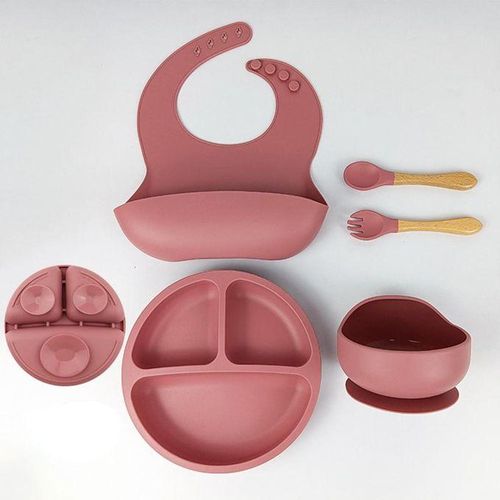 5pcs Silicone Baby Feeding Set with Suction Bowl Divided Plate Bib Spoon & Fork Baby Utensils Dishes Set NO5242