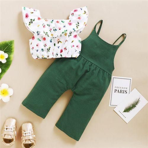 Kids Girls outfit set ins fashion floral tank tops bib pants-Green