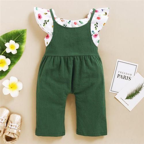 Kids Girls outfit set ins fashion floral tank tops bib pants-Green