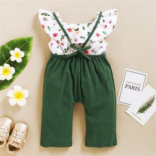 Kids Girls outfit set ins fashion floral tank tops bib pants-Green