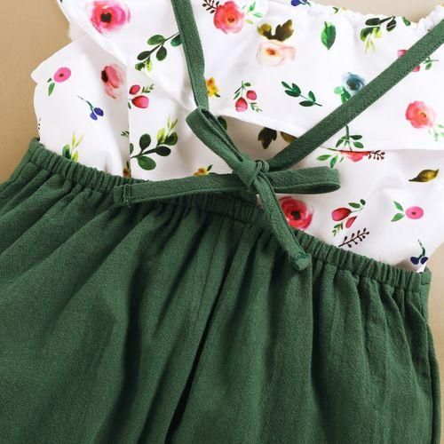 Kids Girls outfit set ins fashion floral tank tops bib pants-Green