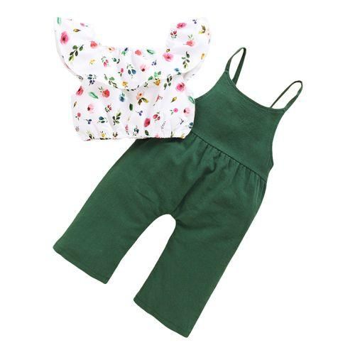 Kids Girls outfit set ins fashion floral tank tops bib pants-Green