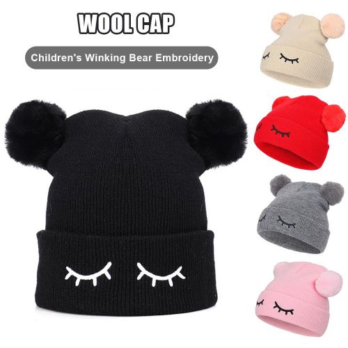 Children's Wool Cap Blinking Bear Embroidery Double Hair Ball Warm Set Head Cap