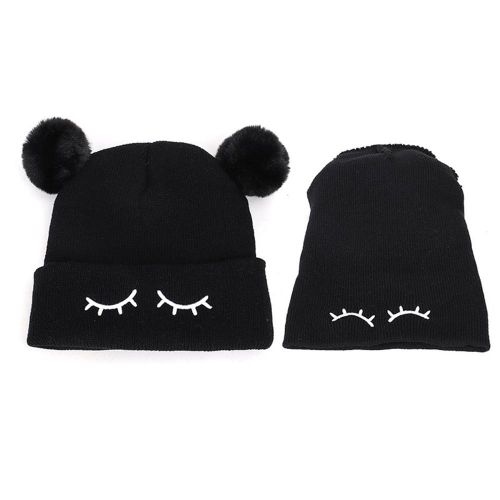 Children's Wool Cap Blinking Bear Embroidery Double Hair Ball Warm Set Head Cap