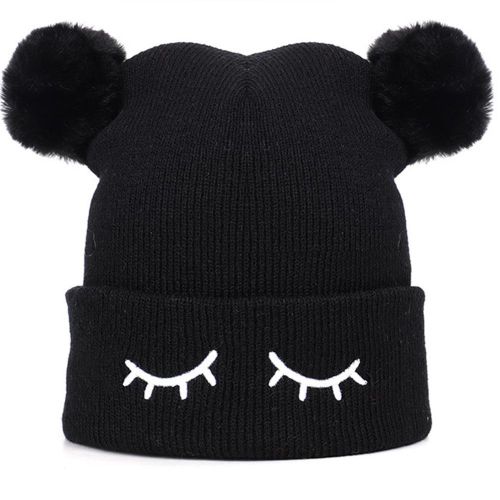 Children's Wool Cap Blinking Bear Embroidery Double Hair Ball Warm Set Head Cap