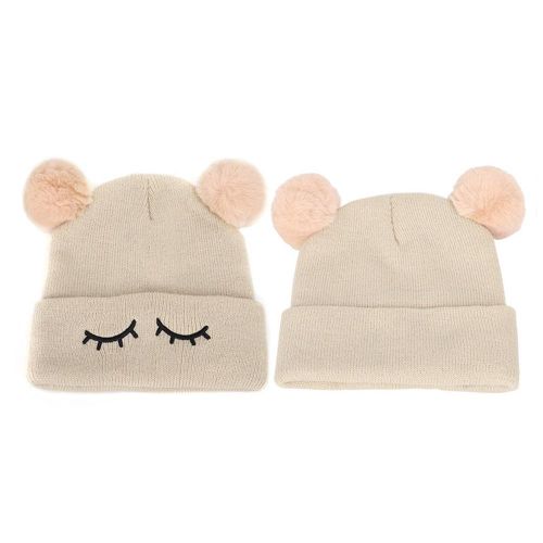 Children's Wool Cap Blinking Bear Embroidery Double Hair Ball Warm Set Head Cap