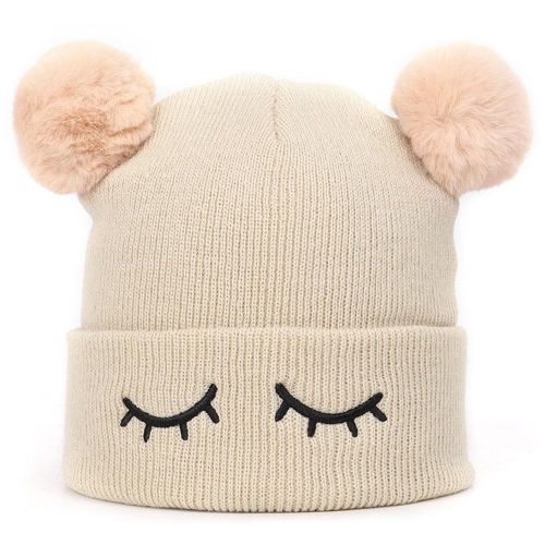 Children's Wool Cap Blinking Bear Embroidery Double Hair Ball Warm Set Head Cap