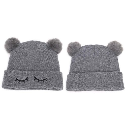 Children's Wool Cap Blinking Bear Embroidery Double Hair Ball Warm Set Head Cap