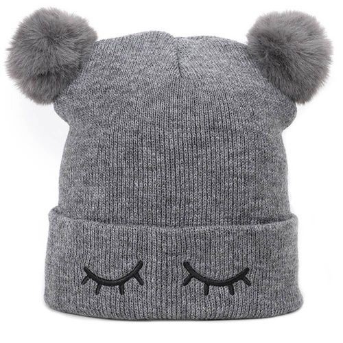 Children's Wool Cap Blinking Bear Embroidery Double Hair Ball Warm Set Head Cap