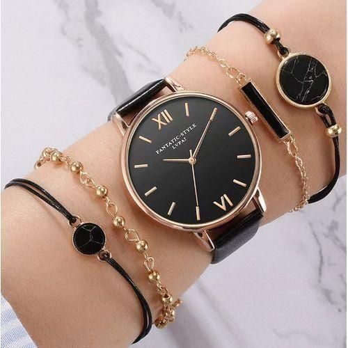Trendy And Minimalist Women's Watches -6-piece Set - Black