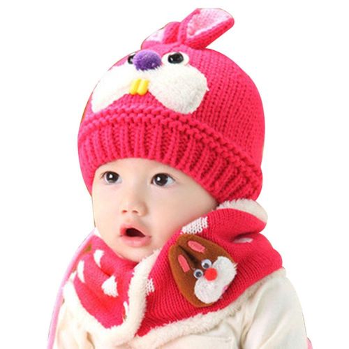 Children Baby Winter Crochet Knitted Hat Beanie Cap Scarf Set Kids Cartoon Animal Cap New,Rose Red NO5112