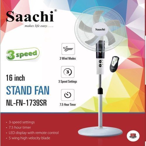 Saachi 16 Inch Stand Fan With Remote Control, 3 Speed, 3 Wind Modes - White(1 YR WRTY)