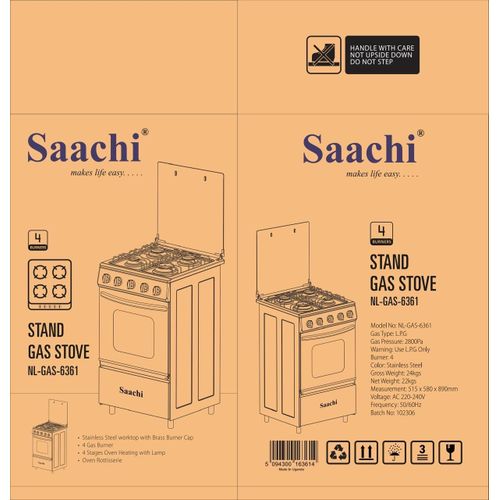 Saachi Stainless Steel Full Gas Stove/Cooker NL-6361HP (50x50cm) - Silver Black