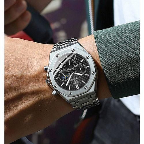 High End Three Eye Six Needle Multifunctional Men's Watch - Silver Black
