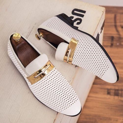 Men's Casual Oxfords Hollow Out Pu Leather Loafers Breathable Shoes Wedding Gentle White