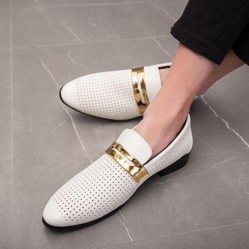 Men's Casual Oxfords Hollow Out Pu Leather Loafers Breathable Shoes Wedding Gentle White